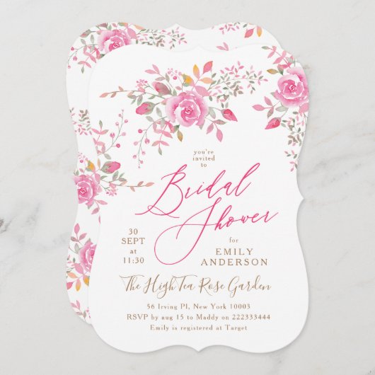 Roze Waterverf bloemen Bridal Shower Uitnodiging (Voorkant / Achterkant)