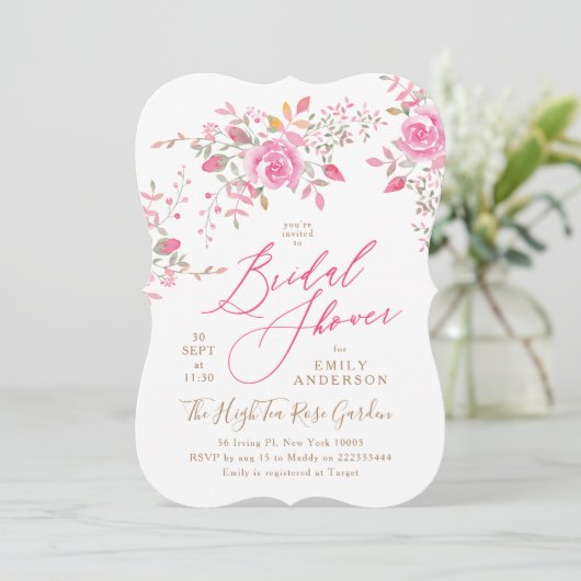 Roze Waterverf bloemen Bridal Shower Uitnodiging (Staand voorkant)