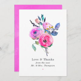 Roze Waterverf Bloemen Bruiloft Bedankkaart