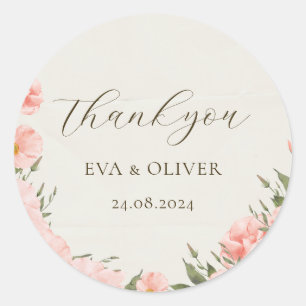 Roze Waterverf Bloemen Bruiloft Classic Ronde Stic Sticker