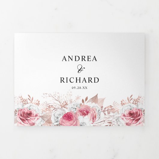  Roze Waterverf Bloemen bruiloft drievoudig Drieluik Uitnodiging (Cover)