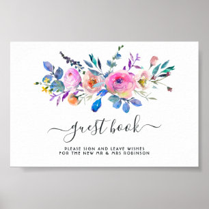 Roze waterverf bloemen bruiloft gast boek  poster
