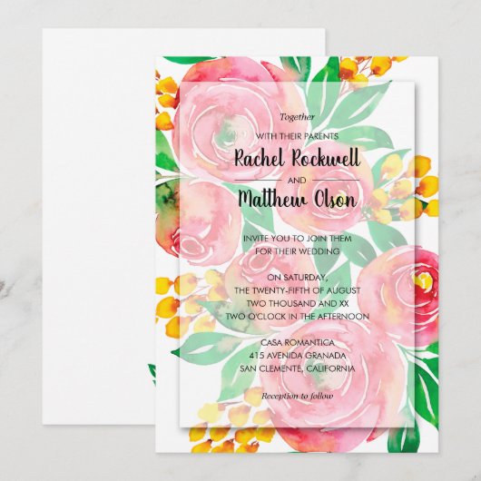 Roze Waterverf Bloemen Bruiloft Kaart (Voorkant / Achterkant)