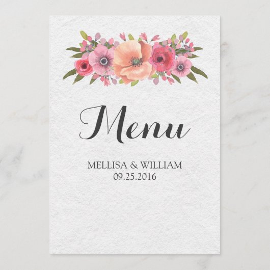  Roze Waterverf Bloemen Bruiloft Menu (Achterkant)