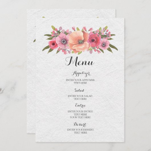  Roze Waterverf Bloemen Bruiloft Menu (Voorkant / Achterkant)