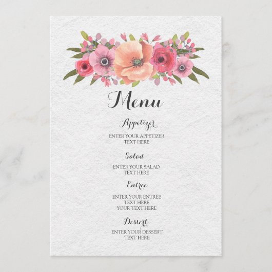 Roze Waterverf Bloemen Bruiloft Menu (Voorkant)
