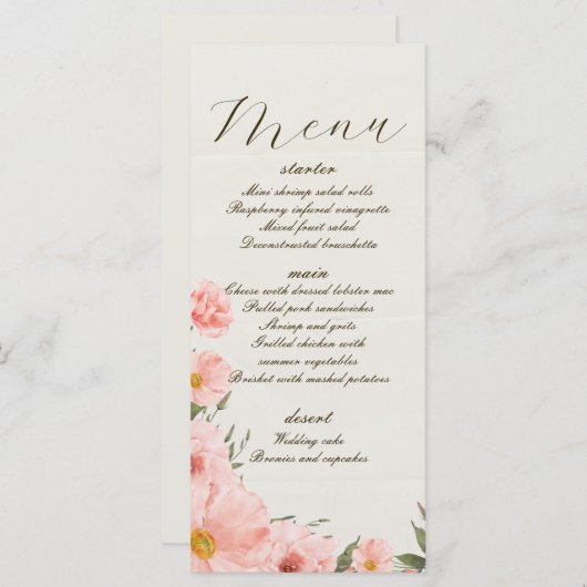 Roze Waterverf Bloemen Bruiloft Menu (Voorkant / Achterkant)