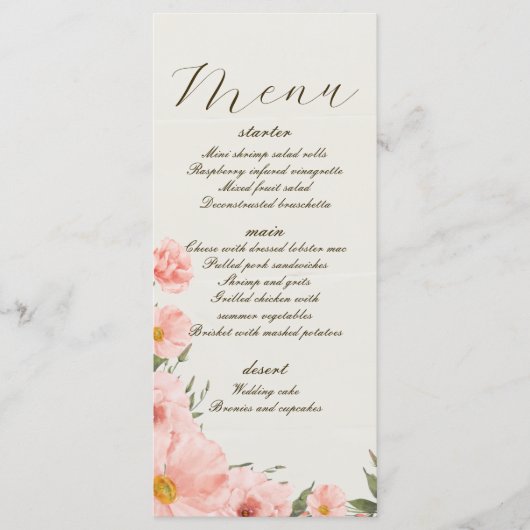 Roze Waterverf Bloemen Bruiloft Menu (Voorkant)