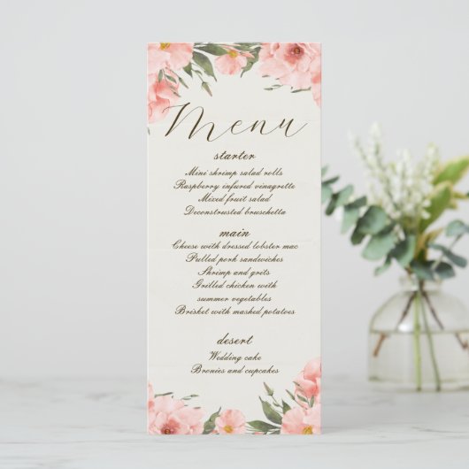 Roze Waterverf Bloemen Bruiloft Menu (Staand voorkant)