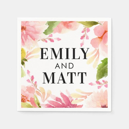 Roze Waterverf Bloemen Bruiloft Monogram Servet (Voorkant)