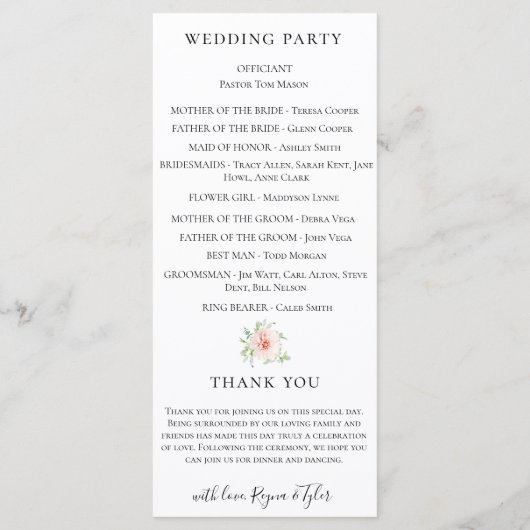 Roze Waterverf Bloemen Bruiloft Programmakaart (Achterkant)