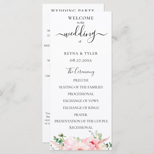 Roze Waterverf Bloemen Bruiloft Programmakaart (Voorkant / Achterkant)