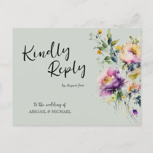 Roze Waterverf Bloemen Bruiloft RSVP Briefkaart