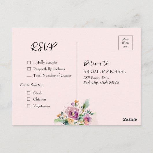 Roze Waterverf Bloemen Bruiloft RSVP Briefkaart (Achterkant)