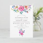 Roze waterverf bloemen bruiloft uitnodiging (Staand voorkant)