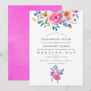 Roze waterverf bloemen bruiloft uitnodiging