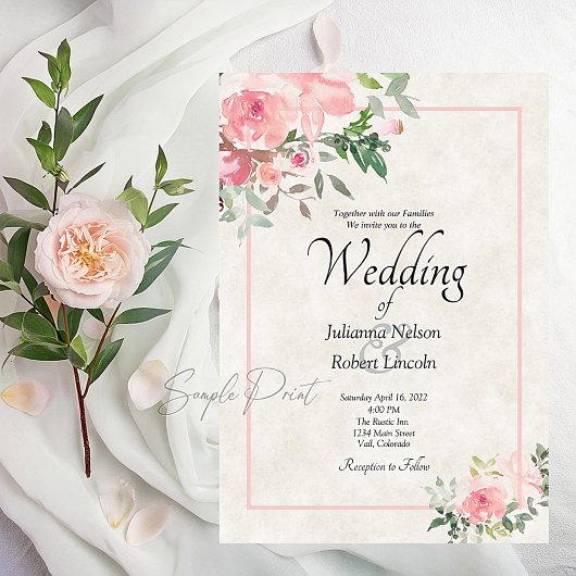 Roze waterverf bloemen bruiloft uitnodiging Blank