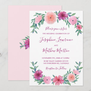 Roze Waterverf Bloemen Bruiloft Uitnodigingen
