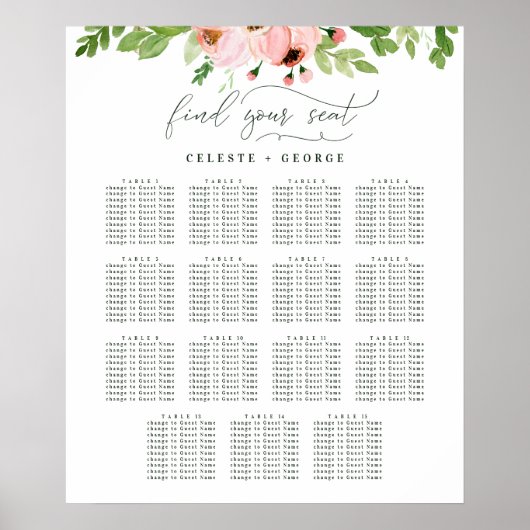 Roze waterverf bloemen bruiloft zitplan poster (Voorkant)