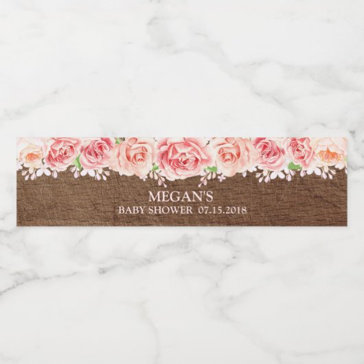 Roze Waterverf Bloemen Bruin Hout Baby shower Waterfles Etiket (Enkel label)