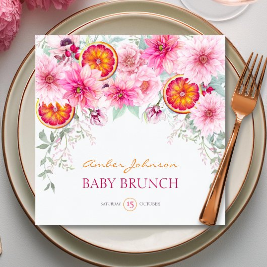 Roze Waterverf Bloemen & Citrus Baby shower Servet