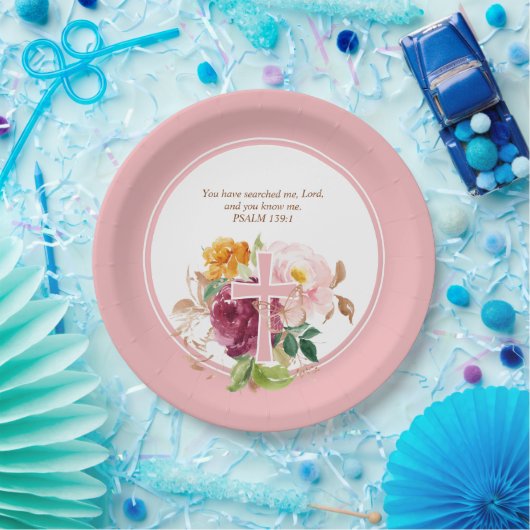 Roze Waterverf Bloemen & Cross Bijbelvers Papieren Bordje (Feest)