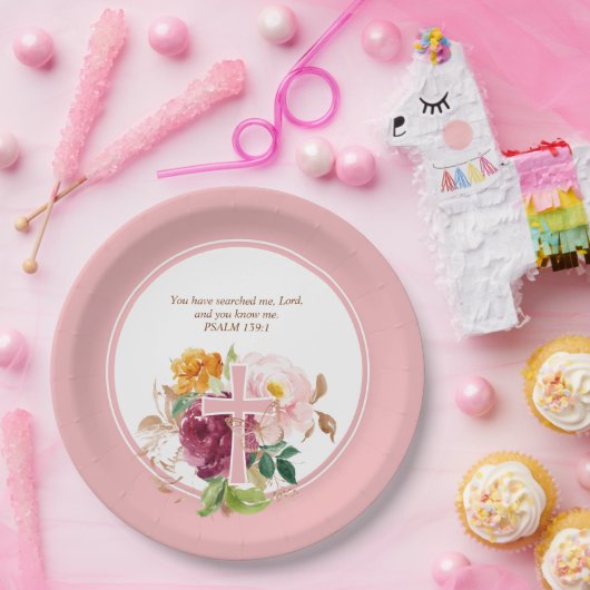 Roze Waterverf Bloemen & Cross Bijbelvers Papieren Bordje (Feest)