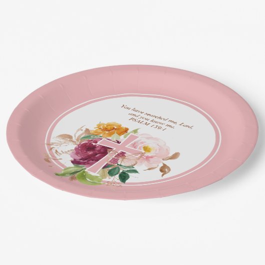 Roze Waterverf Bloemen & Cross Bijbelvers Papieren Bordje (Gekanteld)