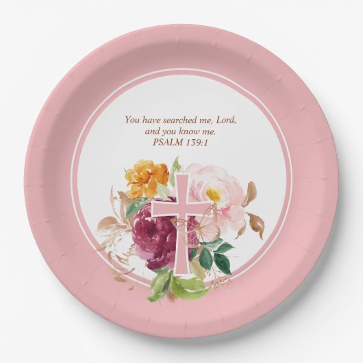 Roze Waterverf Bloemen & Cross Bijbelvers Papieren Bordje (Voorkant)