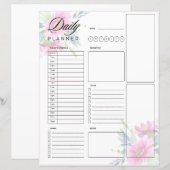 Roze waterverf bloemen dagelijks planner sheet (Voorkant / Achterkant)