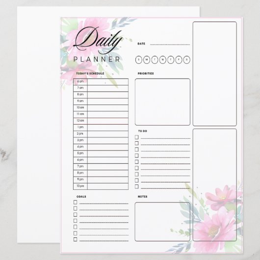 Roze waterverf bloemen dagelijks planner sheet (Voorkant / Achterkant)