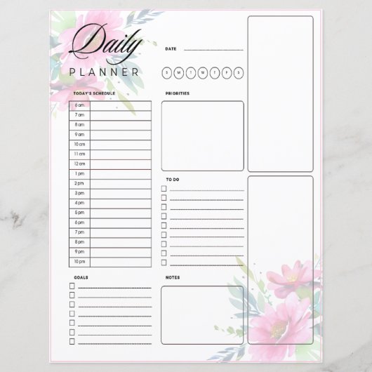 Roze waterverf bloemen dagelijks planner sheet (Voorkant)