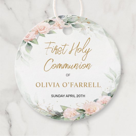 Roze Waterverf Bloemen Dank u Communie Bedankjes Labels (Voorkant)