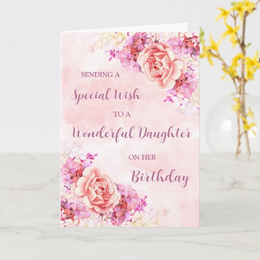 Roze Waterverf Bloemen Dochter Verjaardag Kaart (Gele Bloem)