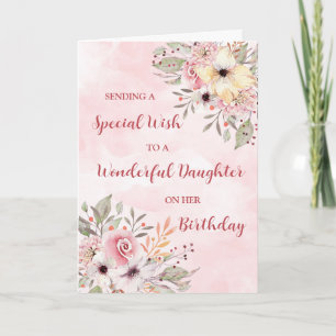 Roze Waterverf Bloemen Dochter Verjaardag Kaart