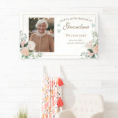 Roze Waterverf Bloemen Eén Foto Verjaardag Spandoek (Insitu)