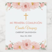 Roze Waterverf Bloemen Eerste heilige Communie Sch Wijn Etiket (Enkel label)