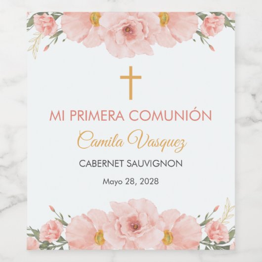Roze Waterverf Bloemen Eerste heilige Communie Sch Wijn Etiket (Enkel label)