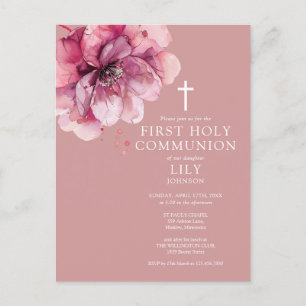 Roze Waterverf Bloemen Eerste Heilige Communie Uit Briefkaart
