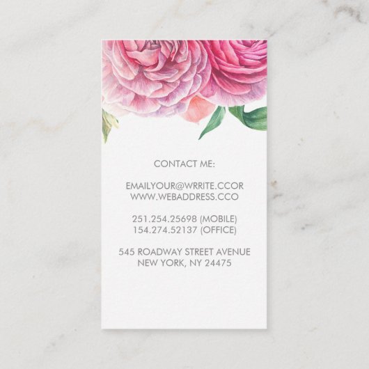 Roze Waterverf Bloemen Elegant Botanisch en Chic Visitekaartje (Achterkant)
