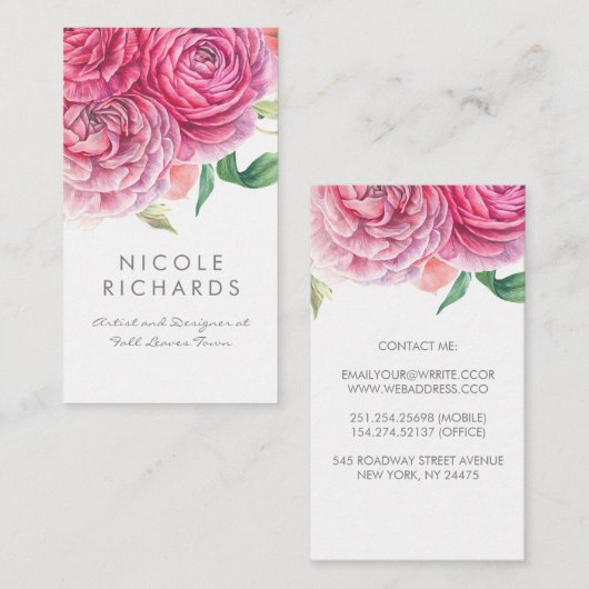 Roze Waterverf Bloemen Elegant Botanisch en Chic Visitekaartje (Voorkant / Achterkant)