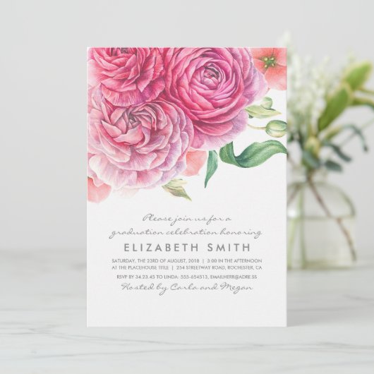 Roze Waterverf Bloemen Elegant Modern Afstuderen Kaart