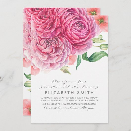 Roze Waterverf Bloemen Elegant Modern Afstuderen Kaart (Voorkant / Achterkant)