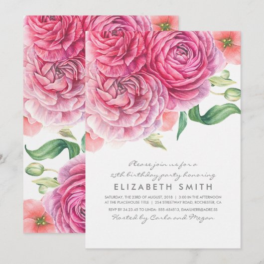 Roze Waterverf Bloemen Elegant Verjaardagsfeest Kaart (Voorkant / Achterkant)