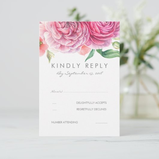 Roze Waterverf Bloemen Elegante bruiloft RSVP (Staand voorkant)