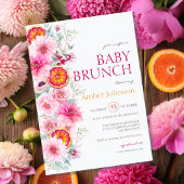 Roze Waterverf Bloemen en Citrus Baby shower Kaart