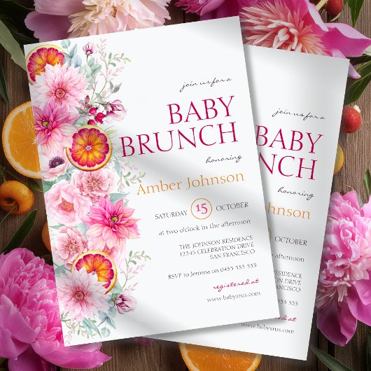Roze Waterverf Bloemen en Citrus Baby shower Kaart