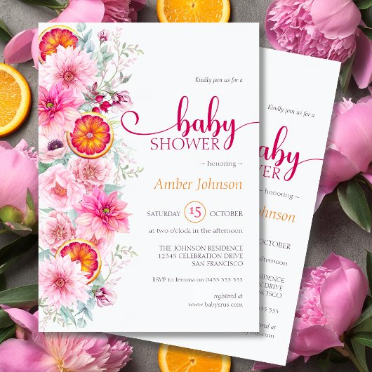 Roze Waterverf Bloemen en Citrus Baby shower Kaart