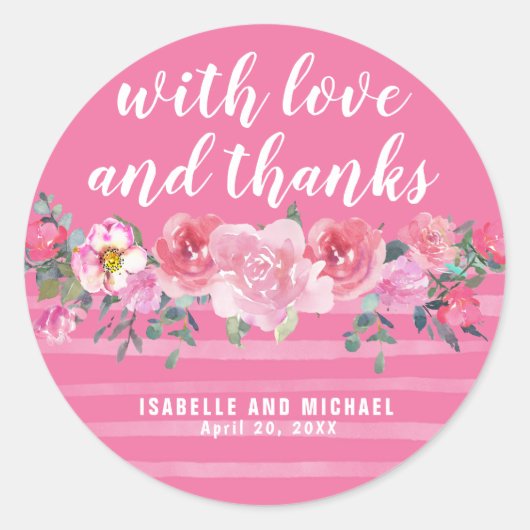 Roze Waterverf Bloemen en Strepen Bruiloft Ronde Sticker (Voorkant)