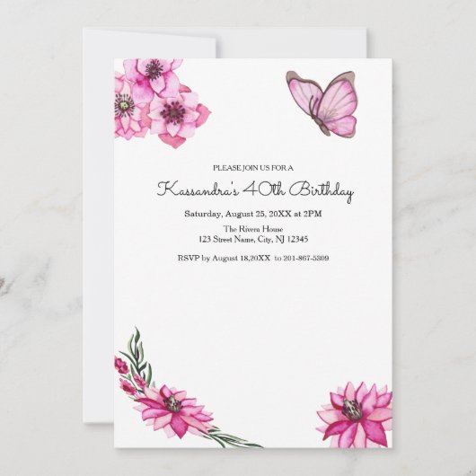 Roze Waterverf bloemen en vlinderdag Kaart (Voorkant)